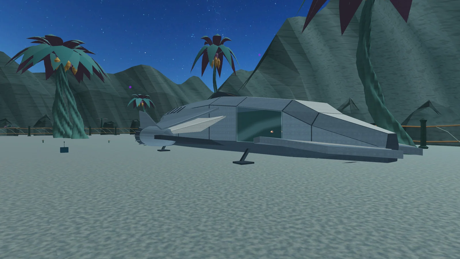 The angular explorer corvette resting beneath tall alien plants in the sanctuary courtyard.
