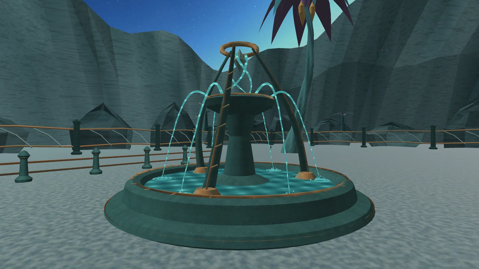 Turquoise water flowing from a sculptural fountain among alien trees and stone walls.