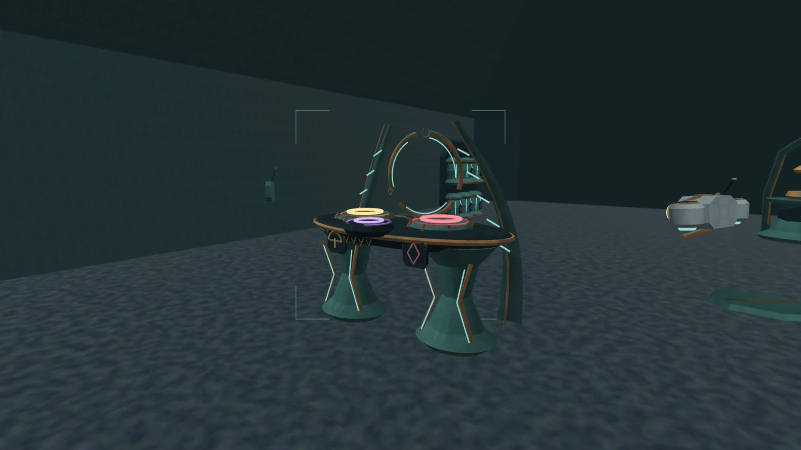 An alien laboratory with physical instruments and objects arranged for hands-on exploration.
