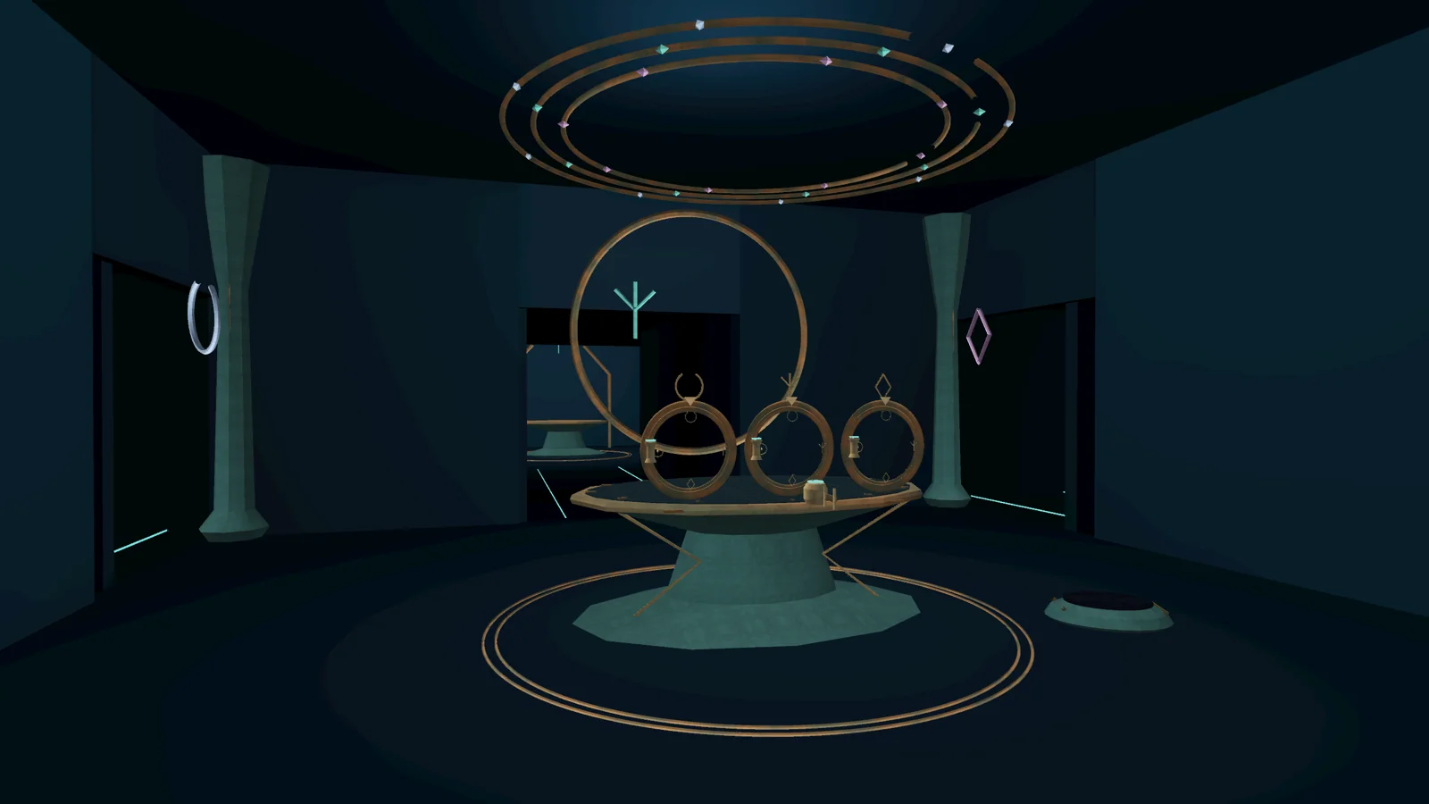 Teal and gold orbital rings suspended above an alien instrument in the observatory.